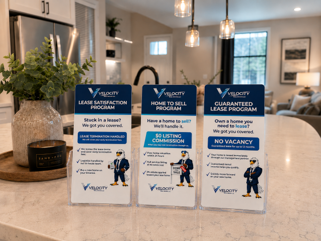Velocity Real Estate program brochures on a kitchen island in a model home