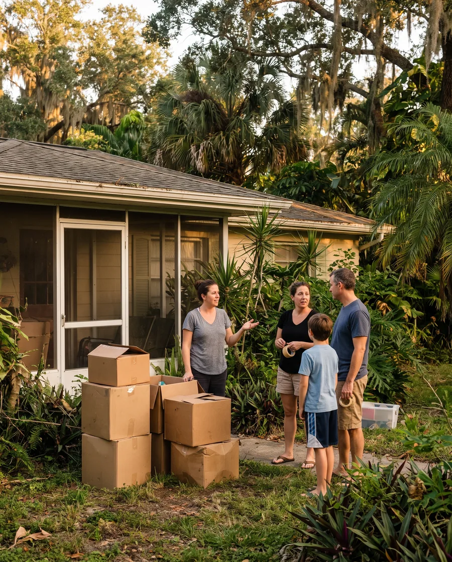 A family outside their current home, moving boxes stacked on the lawn