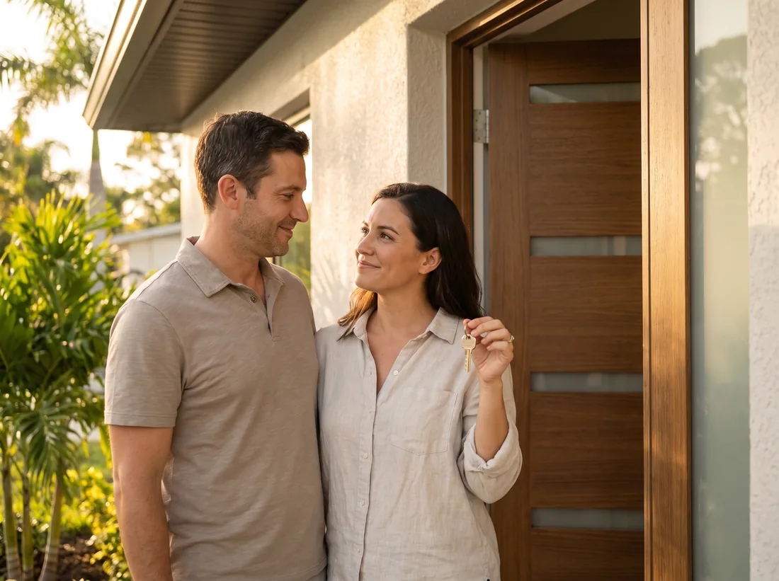 A couple being handed the keys to their new home