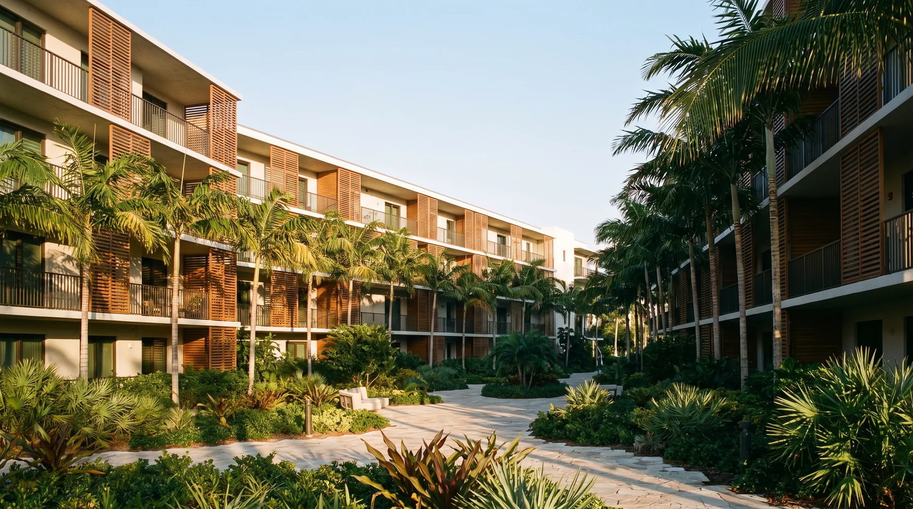 A modern Florida apartment building in afternoon light